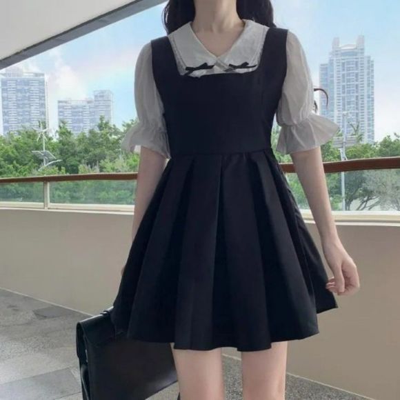 Puff-Sleeve Bow Blouse / Mini A-Line Overall Dress - Picture 2 of 9